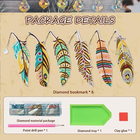 6 Pieces DIY Diamond Painting Feather Bookmarks 5D Diamond Drawing Bookmarks Leaf Feather Peacock Feather Rhinestone Bookmarks Acrylic Art Bookmarks Adults Craft Supplies in Saudi Arabia