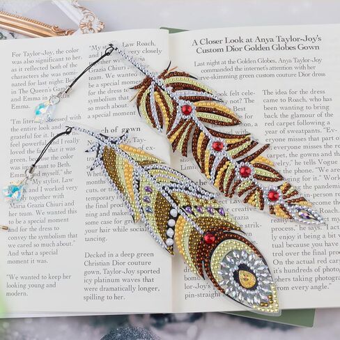 6 Pieces DIY Diamond Painting Feather Bookmarks 5D Diamond Drawing Bookmarks Leaf Feather Peacock Feather Rhinestone Bookmarks Acrylic Art Bookmarks Adults Craft Supplies in Saudi Arabia
