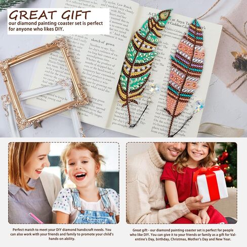 6 Pieces DIY Diamond Painting Feather Bookmarks 5D Diamond Drawing Bookmarks Leaf Feather Peacock Feather Rhinestone Bookmarks Acrylic Art Bookmarks Adults Craft Supplies in Saudi Arabia