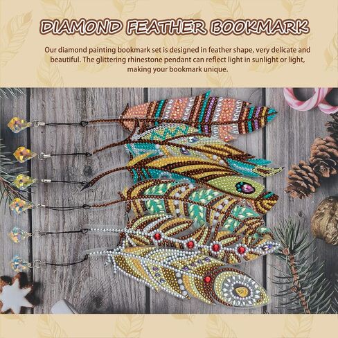 6 Pieces DIY Diamond Painting Feather Bookmarks 5D Diamond Drawing Bookmarks Leaf Feather Peacock Feather Rhinestone Bookmarks Acrylic Art Bookmarks Adults Craft Supplies in Saudi Arabia