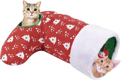 Pawaboo Cat Tunnel Christmas Sock with Bell Balls, Upgraded 2 Way Cat Tunnel Interactive Toy, Pet Xmas Stocking with Crinkle Paper & Strong Spring-Steel Frame for Cat Kitten Kitty, Red Christmas Tree in Kuwait