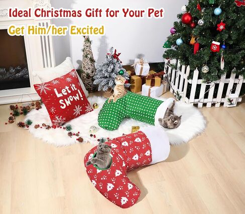 Pawaboo Cat Tunnel Christmas Sock with Bell Balls, Upgraded 2 Way Cat Tunnel Interactive Toy, Pet Xmas Stocking with Crinkle Paper & Strong Spring-Steel Frame for Cat Kitten Kitty, Red Christmas Tree in Kuwait