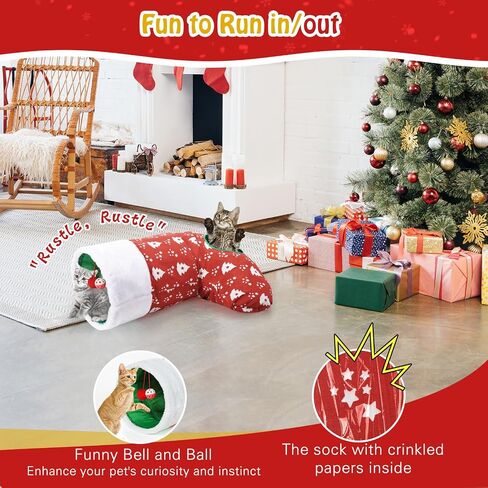 Pawaboo Cat Tunnel Christmas Sock with Bell Balls, Upgraded 2 Way Cat Tunnel Interactive Toy, Pet Xmas Stocking with Crinkle Paper & Strong Spring-Steel Frame for Cat Kitten Kitty, Red Christmas Tree in Kuwait