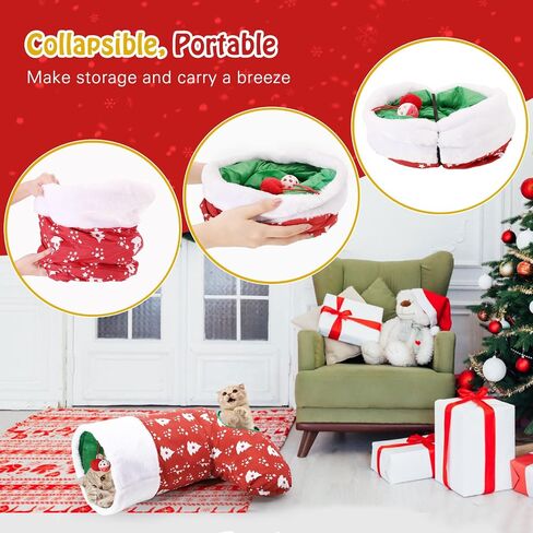 Pawaboo Cat Tunnel Christmas Sock with Bell Balls, Upgraded 2 Way Cat Tunnel Interactive Toy, Pet Xmas Stocking with Crinkle Paper & Strong Spring-Steel Frame for Cat Kitten Kitty, Red Christmas Tree in Kuwait