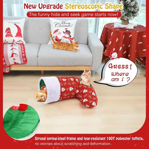 Pawaboo Cat Tunnel Christmas Sock with Bell Balls, Upgraded 2 Way Cat Tunnel Interactive Toy, Pet Xmas Stocking with Crinkle Paper & Strong Spring-Steel Frame for Cat Kitten Kitty, Red Christmas Tree in Kuwait