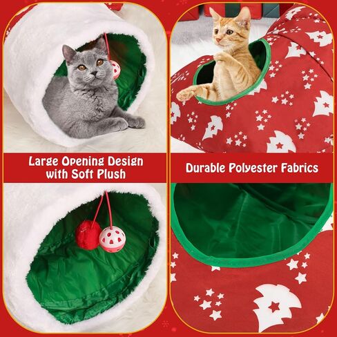 Pawaboo Cat Tunnel Christmas Sock with Bell Balls, Upgraded 2 Way Cat Tunnel Interactive Toy, Pet Xmas Stocking with Crinkle Paper & Strong Spring-Steel Frame for Cat Kitten Kitty, Red Christmas Tree in Kuwait