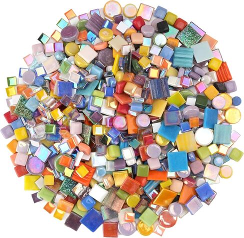 Colorful Glass Mosaic Tiles for Crafts – Mixed Round (4 Sizes) & Square (4 Types: Quartz, Mica, Jade, Crystal) Glass Tiles – Total 1.1LB Mosaic Pieces for DIY Art & Home Decor in Saudi Arabia