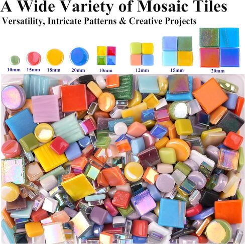 Colorful Glass Mosaic Tiles for Crafts – Mixed Round (4 Sizes) & Square (4 Types: Quartz, Mica, Jade, Crystal) Glass Tiles – Total 1.1LB Mosaic Pieces for DIY Art & Home Decor in Saudi Arabia
