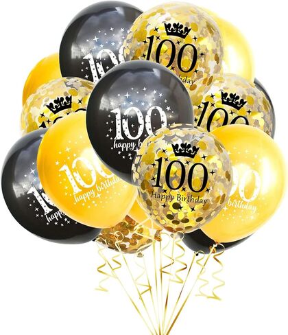 SHUNTAI 100th Birthday Balloons Latex Confetti Balloon Gold and Black 100th Birthday Decorations for Men Women 100 Years Old Anniversary Theme Birthday Party Decor Supplies 15 Pack 12 inch in Kuwait
