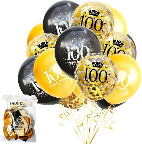 SHUNTAI 100th Birthday Balloons Latex Confetti Balloon Gold and Black 100th Birthday Decorations for Men Women 100 Years Old Anniversary Theme Birthday Party Decor Supplies 15 Pack 12 inch in Kuwait