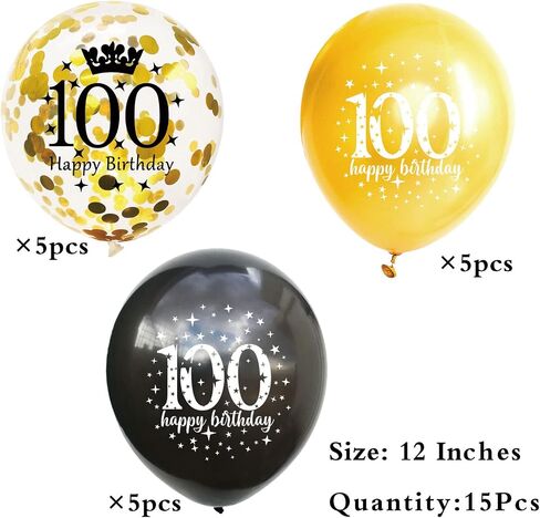 SHUNTAI 100th Birthday Balloons Latex Confetti Balloon Gold and Black 100th Birthday Decorations for Men Women 100 Years Old Anniversary Theme Birthday Party Decor Supplies 15 Pack 12 inch in Kuwait
