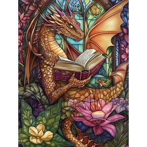 Bimkole 5D Diamond Art Kits for Adults Dragon Reading, Full Drill DIY Rhinestone Embroidery Set Paint with Diamonds Art Flower Animal by Number Kits Cross Stitch Home Wall Craft Decor 12x16 Inch