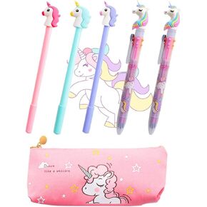 JeVenis Set of 5 Unicorn Pens Unicorn Pen Set Unicorn Ballpoint Pens Unicorn Pencil Pouch Bags for Party Office Gift