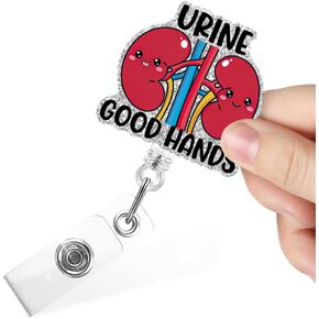 Urine Good Hands Funny Kidney Retractable Badge Reel with Clip, Glitter Badge Holder for Nephrology Doctor Nurse Urology Dialysis Tech Lab Tech, MLT Gift CNA Gift for Urologist Medical Worker