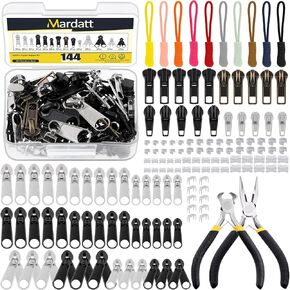 Mardatt 144Pcs Zipper Repair Kit, #3#5#8 Zipper Replacement with Zipper Extension Pulls, Installation Pliers for Bags, Tents, Luggage, Jackets, Backpacks, Sleeping Bags