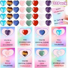 32 Pack Valentines Day Gemstones Gifts for Kids,Valentines Cards with Heart Crystals,Valentine Gift Exchange for Boys Girls School Class Classroom