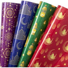 WRAPAHOLIC Eid Wrapping Paper Sheet - 12 Sheets Ramadan Kareem Moon Stars Lantern Mosque Design Folded Flat for Islam Holiday Party Celebration - 19.7 Inch x 27.5 Inch Per Sheet