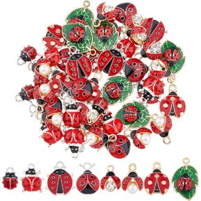 48Pcs 8 Styles Ladybug Enamel Charms Red Black Ladybirds Charms Clear Rhinestone Alloy Charms Metal Flying Animals Pendants for Bracelet Necklace Earring DIY Jewelry Craft Making Hole: 1-2.5mm