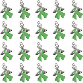 WANDIC 50 Pcs Ribbon Pendants with diamond, Alloy Cancer Awareness Charms with Wings Hope Faith Ribbon Charms Accessories for Jewelry Making