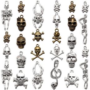 200g 2Colors Assorted Hallowmas Skull Charms Skull Head Charm Skeleton Body Halloween Mask Charm Pirate Style Skull Pendant For DIY Necklace Bracelet Halloween Jewelry Making