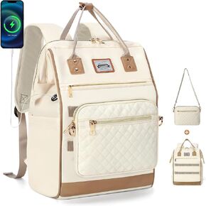 2 in 1 Work Backpack for Women with Detachable Bag with 14 Inch Laptop Compartment, College Backpack with Charging Port, Water Resistant & Large Capacity, Beige