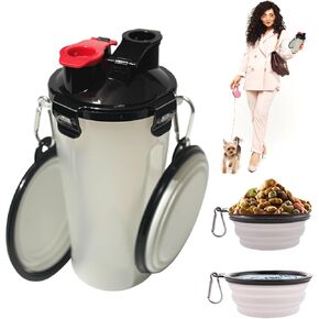 Portable Water Bottle for Dogs with Collapsible Bowls - 2 in 1 Pet Folding Water Bottle Food Container - Leakproof Pet Water Bottle Ideal for Travel, Camping, Outdoor, Hiking - Pet Essentials - Pink