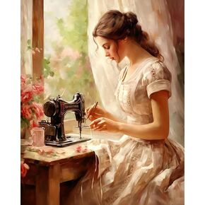 QACEYID Vintage Nostalgia Paint by Numbers for Adult, Woman Using Sewing Machine, Easy Beginner Acrylic Painting Kit, Vintage Decor Gift, 40x50cm Without Frame