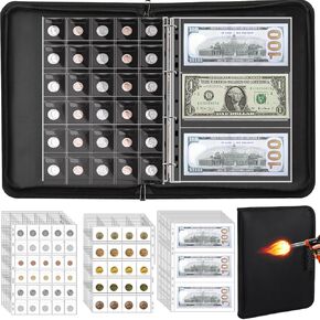 Fireproof Coin Collection Album for Collectors, 300 Pockets Coin Collection Supplies and 36 Money Sleeve for Bills,Pennies, Quarters,Silver Dollar, Tokens, Badges