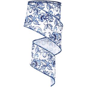 Blue White Floral Wired Edge Ribbon Roll Vintage Watercolor Flower Craft Ribbon Chinoiserie Fabric Ribbon for Wreath Bow Making DIY Craft Wrapping Party Supplies, 12 Yard