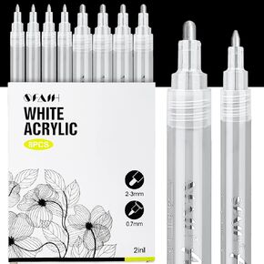 SFAIH Acrylic Silver Paint Pens - 8 Pack 2-3MM Medium Tip & 0.7MM Extra Fine White Paint Marker for Rock Painting, Wood, Metal, Fabric, Canvas, Glass, Ceramic, Diy Crafts