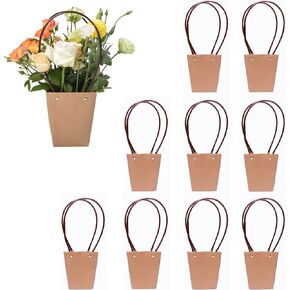 LONG XIN SERIES 10PCS Kraft Paper Flower Gift Bags with Handle Waterproof Brown Bouquet Bags Box for Wrapping Gift Home Decoration Florist Supply