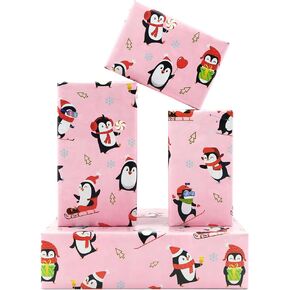 Geluode Christmas Wrapping Paper, Pink Christmas Penguin Gift Wrap Paper, 4 Folded Sheets 28 x 20 Inches Penguin Christmas Paper for New Year Xmas Winter Holiday