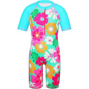 TFJH E Girls Short Sleeve Swimwear One Piece Bathing Suits UV 50+ Rash Guard Swimsuits 461 Navy Leaves Short 10A