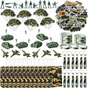 166 Pieces Army Party Favors Includes Camouflage Keychain Wristband Parachute Tank Plane Military Soldier Toy Camo Bag for Boys Camo Military Birthday Party Supplies Decorations Fillers