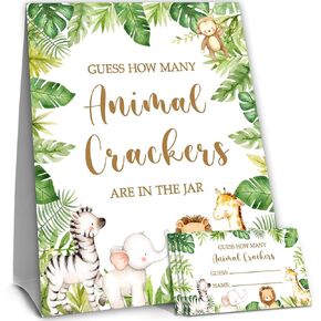 Safari Jungle Guessing Game Cards, Guess How Many Animal Crackers Guessing Game, 50 Cards and Matching Sign, Safari Animal Baby Shower Game