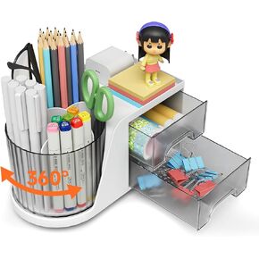 360°Rotating Pen Holder Desk Organizer with 2 Drawer, Pen Holder for Desk，Desk Organizers and Accessories with 6 Slots Pencil Organizer + 2 Drawer, Art Supply Storage Box Caddy for Office (White)