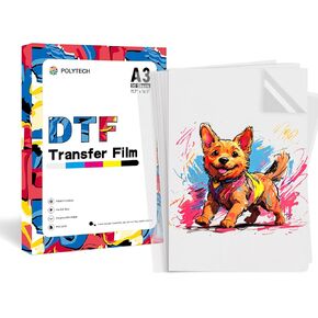 Polytech DTF Transfer Film-A3 ، 60 ورقة ، 11x17 '' ، ورق حرارة الأليف ، ورقة نقل الحرارة الساخنة غير اللامعة ، مباشرة إلى فيلم Epson Printer ET-8550 ، ET8500 ، XP15000 ، L1800 ، لنقل تي شيرت DIY