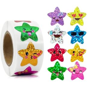 500pcs Multicolor Smiling Star Stickers,1 Inch Small Star Stickers Roll Self Adhesive Glitter Sparkly Foil Star Holographic Stickers for School Reward Decor Crafts Supplie (8 Colors)Teaching Materials
