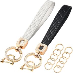 2 Pack Leather Wristlet Keychain Wristlet Lanyard Keychain for Women White Black Keychain Wristlet Car Key Holder for Women and Men Car Fob Key Chain with Anti-lost D-Ring and 10 Pcs Key Rings