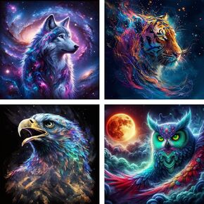 Lophomie 4 Pack Animal Diamond Art Kits for Adults, Diamond Art for Adults and Beginner,Full Drill Diamond Art Dots Painting, Wolf,Eagle,Tiger,Owl Wall Decor 14x14 inch Animal.