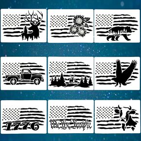 9 Pcs American Flag Stencils, We The People Stencils Deer 1776 Stencils Cow Bear Sunflower Stencils for Painting on Wood Canvas Walls Fabric Wood Burning Stencils Patriotic Stencils (8.3"x11.7")