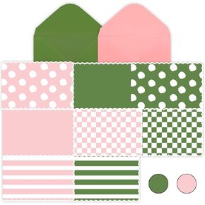 64Pcs Blank Pink&Green Cards with Envelopes 3.5x5 Inch Mini Striped Christmas Greeting Cards,Sage Green Striped Notes for Baby Bridal Shower,Wedding Personalized Thank You Note Graduation