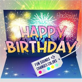 100 GREETINGS Fireworks Pop Up Happy Birthday Card - Singing Celebration Card with Light Show & Music, Unique Musical BDay Message for Women, Men, Mom, Grandma & Grandpa (3 LED)