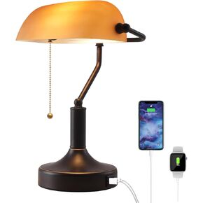 Banker Desk Lamp Green Glass, Antique Desk Lamps with Brass Base, Traditional Library Table Lamp with USB A and Type C Charging Port for Office, Study Room, Pull Chain Switch