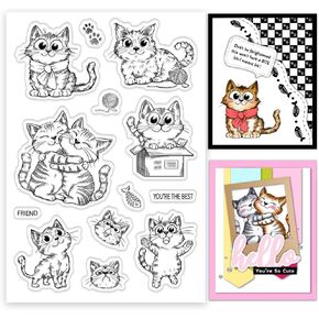INFUNLY Cat Friend Clear Stamps 6.3"x4.3" Funny Cat Silicone Clear Stamp for Card Making Cartoon Cat Rubber Stamps Wish Words Transparent Stamps for Christmas New Year Gift DIY Scrapbook Photo Album