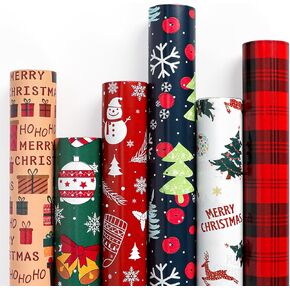 JinhzWin Christmas Wrapping Papers Rolls (6 Rolls: 147 sq. ft. ttl.) Large Roll Holiday Gift Wrap Paper(30 Inch X 705 Inch) with Snowflakes, Reindeer, Gift Box, Plaid, Christmas Ball & Text Design