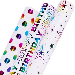 GONEJALL Birthday Wrapping Paper Rolls, Gift Wrapping Paper Mini Roll - 17" X 10 ft Per Roll, 3 Colorful Designs for Birthday, Party, Holiday, Baby Shower