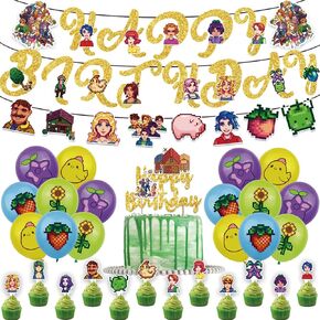 Stardew Valley Birthday Party Decorations Simulation Game DIY Party Supplies Include HAPPY BIRTHDAY Banner Balloons Cake Topper Cupcake Toppers Pattern Banner Farm Game Party Decorations