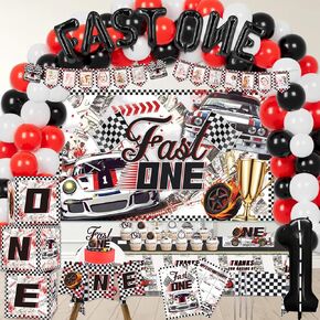 Fast One Birthday Decorations, 125 Pcs Race Car First 1st Birthday Party Supplies for Boys Baby - Banner, Cake Toppers, Balloons, Tablecloth, Centerpieces, Crown, Poster, Baby Boxes