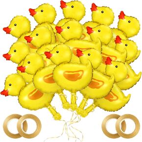 Meooeck 30 Pcs Duck Balloon Mini Duck Shape Foil Balloon with 4 Rolls Gold Ribbons for Birthday Baby Shower Party Decoration